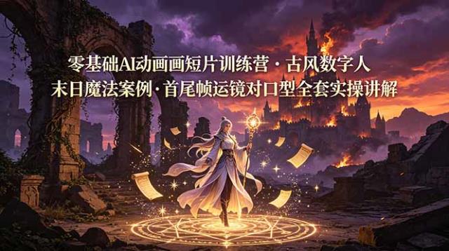 零基础AI动画短片训练营，古风数字人末日魔法案例，首尾帧运镜对口型全套实操讲解