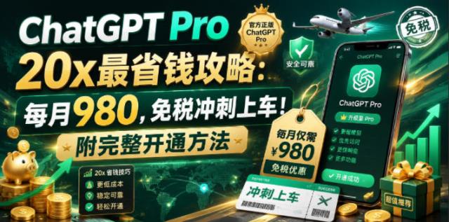 ChatGPT Pro 20x 最省钱攻略：每月980，免税冲刺上车！附完整开通方法