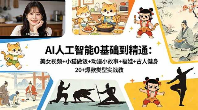 AI人工智能0基础到精通：美女视频小猫做饭动漫小故事福娃古人健身，20爆款类型实战教学