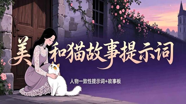 美女和猫故事提示词，人物一致性提示词故事板