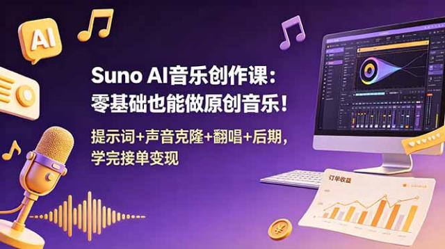 Suno AI音乐创作课：零基础也能做原创音乐！提示词声音克隆翻唱后期，学完接单变现