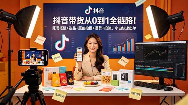 抖音带货从0到1全链路！账号搭建选品原创拍摄混剪投流，小白快速出单