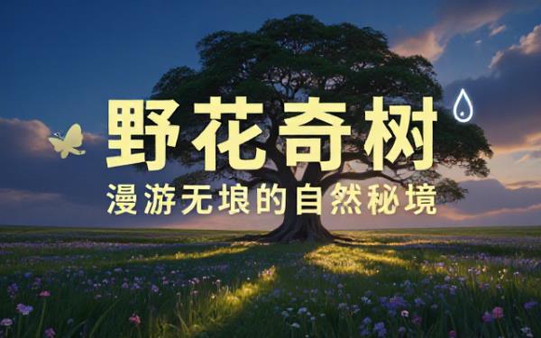 Midjourney提示：一望无际野花田与奇特大树景观