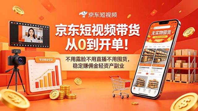 京东短视频带货从0到开单！不用露脸不用直播不用囤货，稳定赚佣金轻资产副业