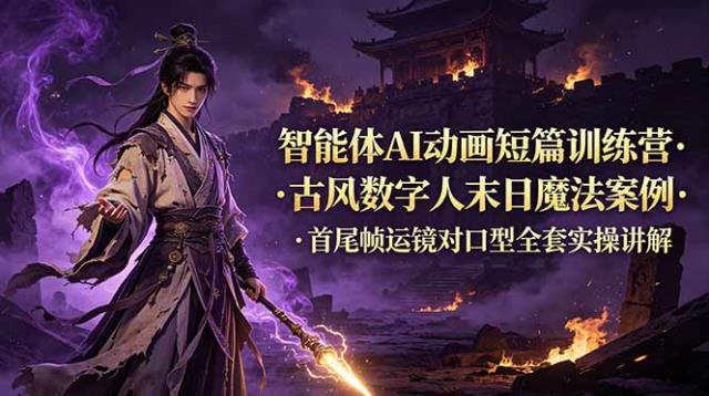智能体AI动画短篇训练营-更新，古风数字人末日魔法案例，首尾帧运镜对口型全套实操讲解