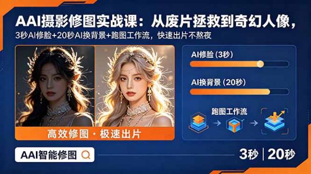 AI摄影修图实战课：从废片拯救 到 奇幻人像，3秒AI修脸20秒AI换背景跑图工作流，快速出片不熬夜