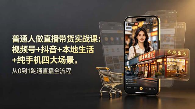 普通人做直播带货实战课：视频号抖音本地生活纯手机四大场景，从0到1跑通直播全流程