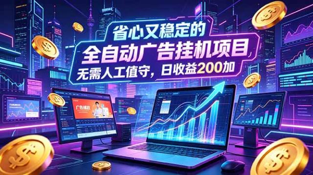 全自动广告挂机项目，全程无需人工值守。稳定创收每日收益200