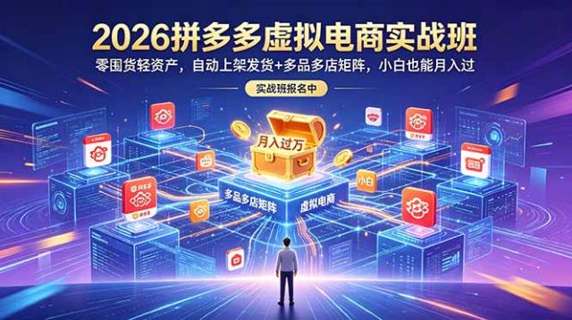 2026拼多多虚拟电商实战班：零囤货轻资产，自动上架发货多品多店矩阵，小白也能月入过万