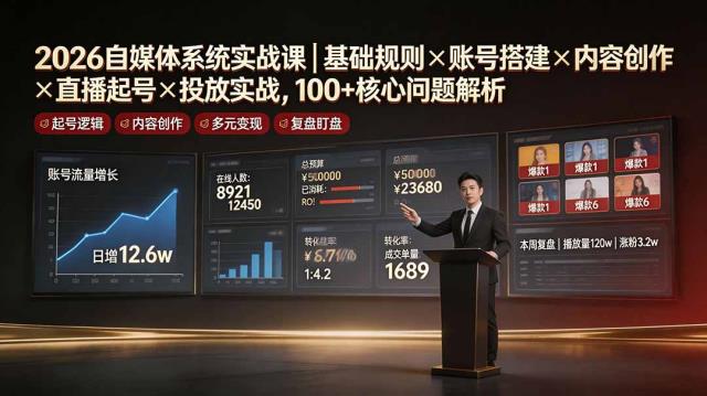 2026自媒体系统实战课｜基础规则×账号搭建×内容创作×直播起号×投放实战，100核心问题解析