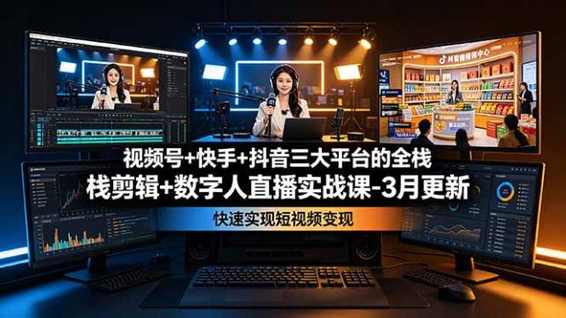 视频号快手抖音三大平台的全栈剪辑数字人直播实战课-3月更新：快速实现短视频变现