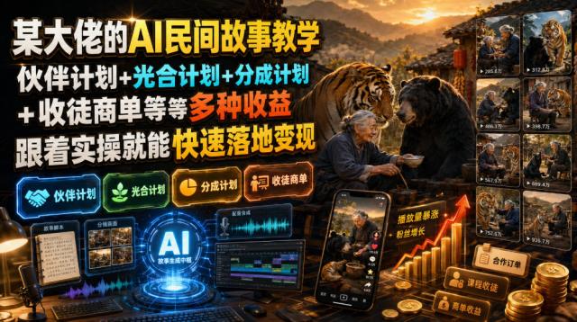 某大佬的AI民间故事教学，伙伴计划光合计划分成计划收徒商单等多种收益，跟着实操就能快速落地变现