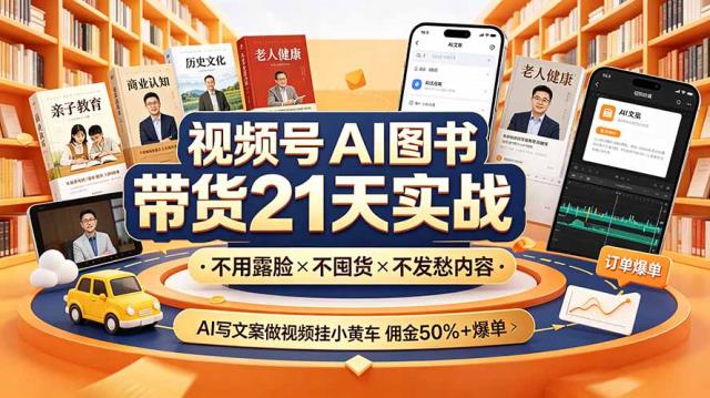 视频号AI图书带货21天实战：不用露脸×不囤货×不发愁内容，AI写文案做视频挂小黄车，佣金50_爆单