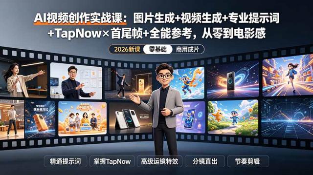 AI视频创作实战课：图片生成视频生成专业提示词TapNow×首尾帧全能参考，从零到电影感成片