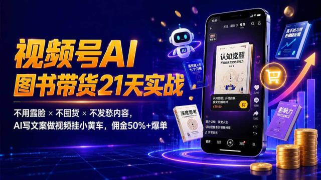 繁花视频号AI图书带货21天实战：不用露脸×不囤货×不发愁内容，AI写文案做视频挂小黄车，佣金50_爆单