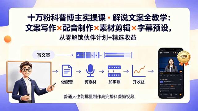10万粉科普博主实操课-解说文案全教学：文案写作×配音制作×素材剪辑×字幕预设，从零解锁伙伴计划精选收益