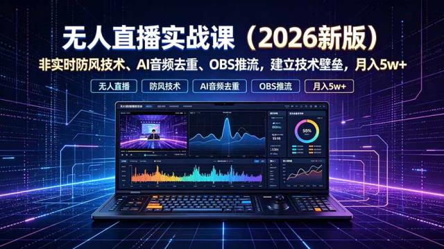 无人直播实战课（更新7月），非实时防风技术、AI音频去重、OBS推流，建立技术壁垒，月入5w
