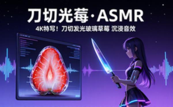 4K特写刀切发光玻璃草莓ASMR