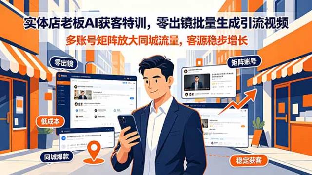 实体店老板AI获客特训，零出镜批量生成引流视频，多账号矩阵放大同城流量，客源稳步增长