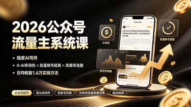 2026公众号流量主系统课：独家AI写作×0-AI率润色×批量做号隔离×高爆率选题，日均收益1_6万实操方法