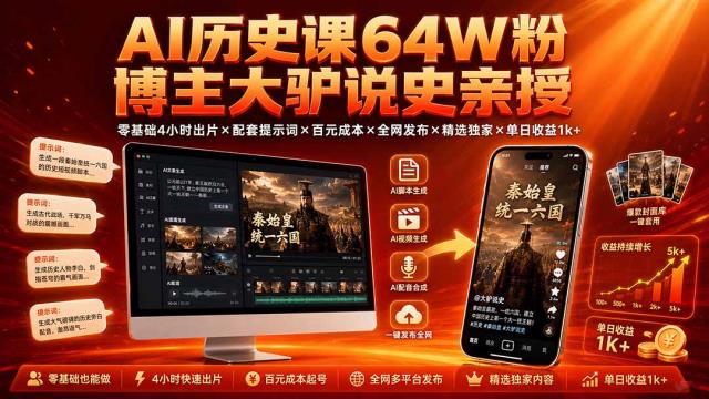 AI历史课64W粉博主大驴说史亲授：零基础4小时出片×配套提示词×百元成本×全网发布×精选独家×单日收益1k