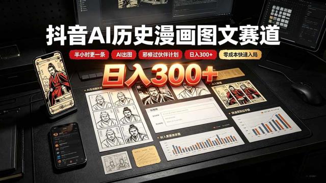 抖音AI历史漫画图文赛道：半小时更一条×AI出图×邪修过伙伴计划×日入300，零成本快速入局