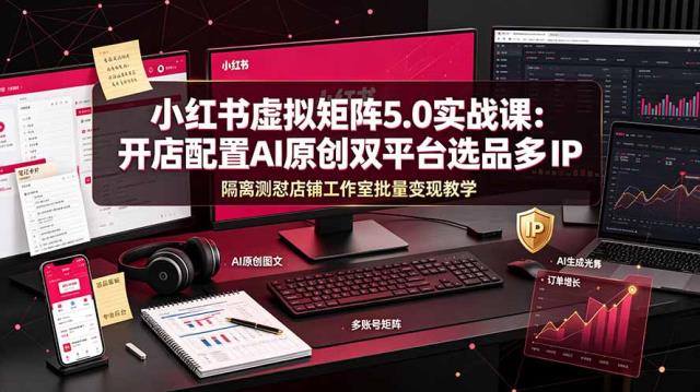 小红书虚拟矩阵5_0实战课：开店配置｜AI原创｜双平台选品｜多IP隔离｜测怼店铺工作室批量变现实操教学
