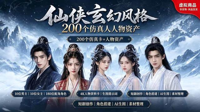 200个仙侠玄幻仿真人素材◆10男主×10女主×180配角，4K资料卡AI生图提示词，漫剧必备