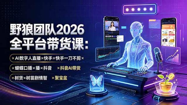 野狼团队2026全平台带货课-7月：AI数字人直播×快手一刀不剪×蝴蝶口播×抖音AI带货×树苗剧情智剪×聚宝盆