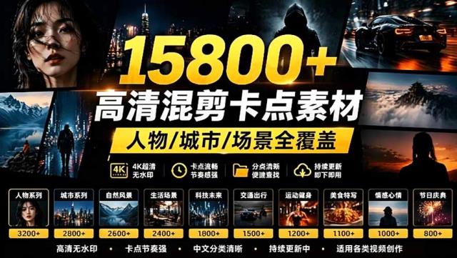 【影视剪辑素材合集】15800高清混剪卡点｜热门影视精彩片段｜人物_城市_场景全覆盖，中文分类清晰
