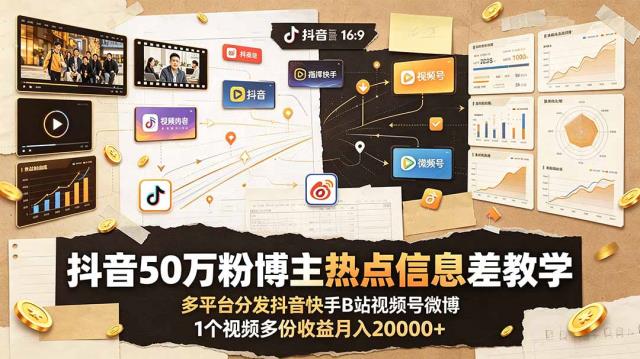 抖音50万粉博主热点信息差教学：多平台分发抖音快手B站视频号微博，1个视频多份收益月入20000