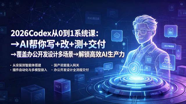 2026Codex从0到1系统课：→AI帮你写改测交付→覆盖办公开发设计多场景→解锁高效AI生产力
