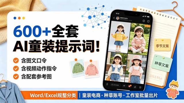 600全套AI童装提示词！含图文口令视频动作指令配套参考图，Word_Excel规整分类，童装电商、种草无脑量产内容