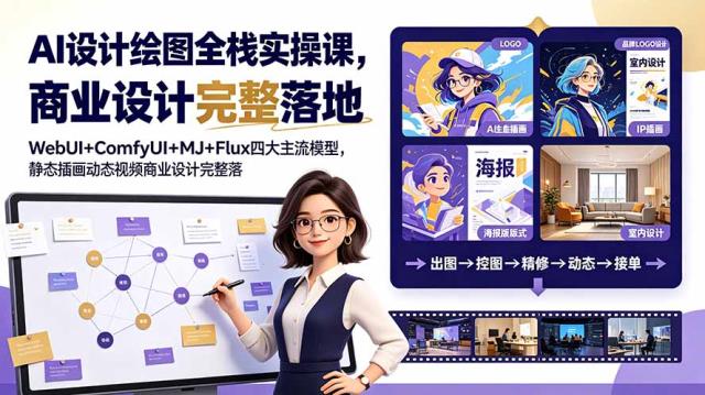 AI设计绘图全栈实操课，WebUIComfyUIMJFlux四大主流模型，静态插画动态视频商业设计完整落地教程