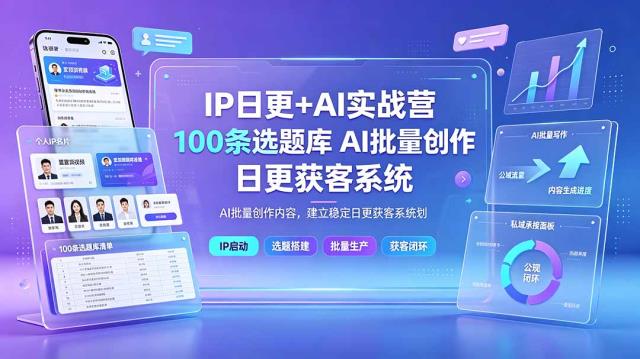 IP日更AI实战营：IP置顶视频制作×100条选题库搭建×10条日更规划，AI批量创作内容，建立稳定日更获客系统