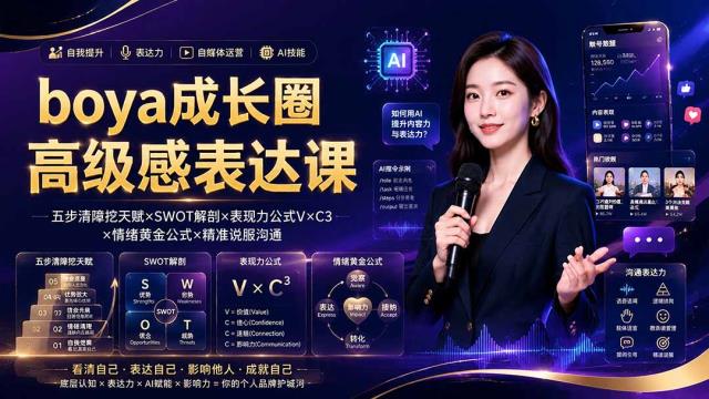 boya成长圈｜内心成长高级表达AI自媒体三合一，消解内耗挖掘天赋，镜头沟通AI指令短视频全流程教学