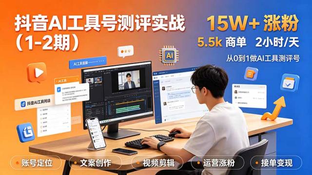 抖音AI工具号测评实战（1-2期）：单号涨粉15W×商单5_5k×伙伴计划×普通人可复制，每天2小时长期可持续