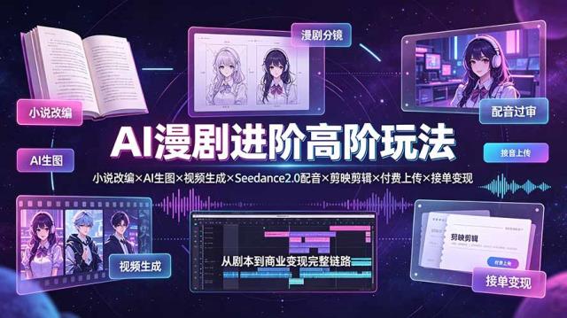AI漫剧进阶高阶玩法：小说改编×AI生图×视频生成×Seedance2_0配音×剪映剪辑×付费上传×接单变现