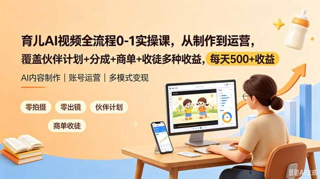 育儿AI视频全流程0-1实操课，从制作到运营，覆盖伙伴计划分成商单收徒多种收益，每天500收益