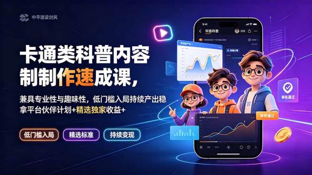 卡通类科普内容制作速成课，兼具专业性与趣味性，低门槛入局持续产出稳拿平台伙伴计划精选独家收益
