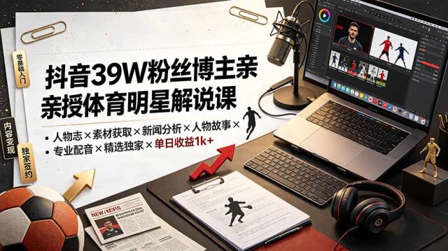 抖音39W粉丝博主亲授体育明星解说课：人物志×素材获取×新闻分析×人物故事×专业配音×精选独家×单日收益1k