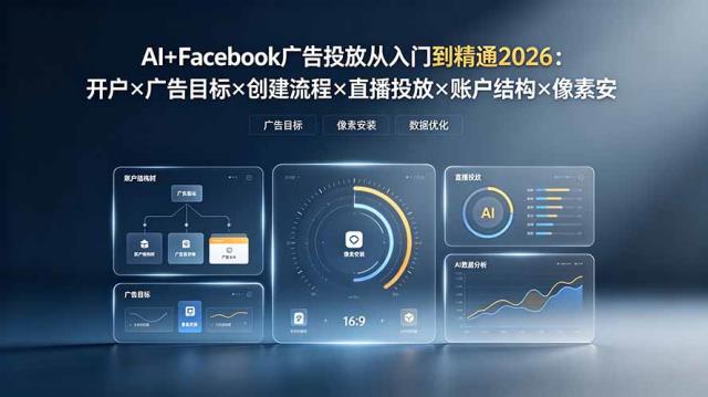 AIFacebook广告投放从入门到精通2026：开户×广告目标×创建流程×直播投放×账户结构×像素安装×AI赋能
