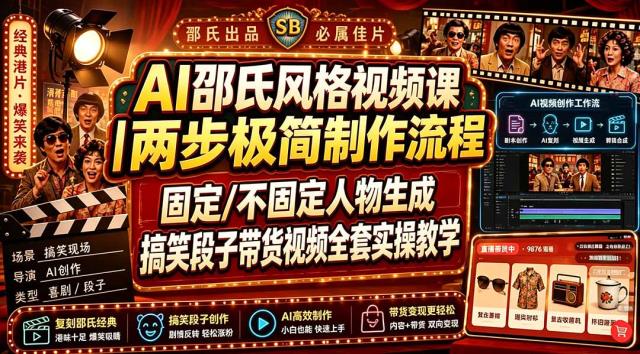 AI邵氏风格视频课｜两步极简制作流程，固定_不固定人物生成，搞笑段子带货视频全套实操教学