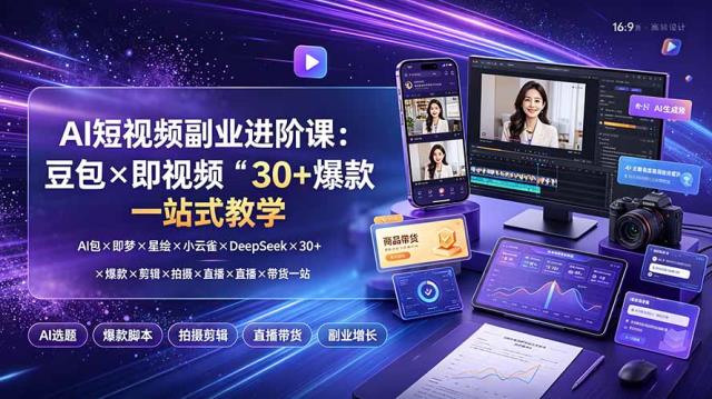 AI短视频副业进阶课：豆包×即梦×星绘×小云雀×DeepSeek×30爆款×剪辑×拍摄×直播×带货一站式教学
