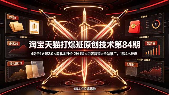 淘宝天猫打爆班原创技术第84期：4剑合1必爆2_0×淘礼金打价×2改1留×内容营销×全站推广，1款4术拉爆
