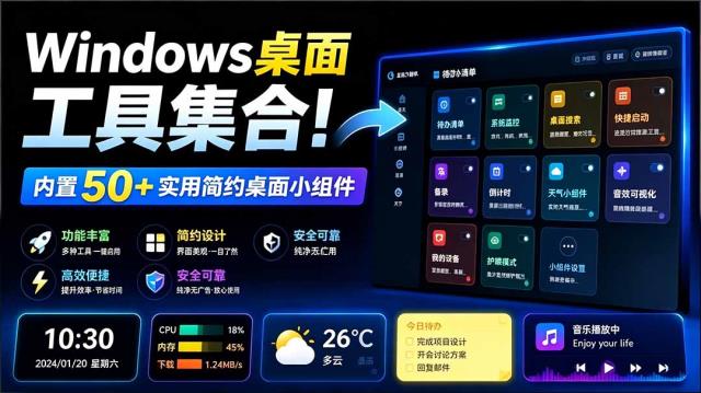 Windows桌面工具集合！内置50实用简约桌面小组件，含截图、录屏、翻译、天气等，多秘工具箱