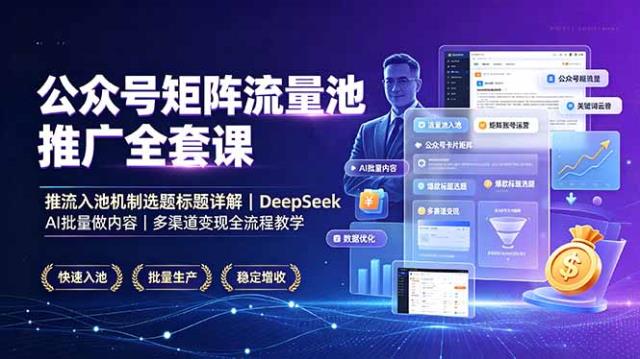 公众号矩阵流量池推广全套课，推流入池机制选题标题详解，DeepSeek AI批量做内容，多渠道变现全流程教学