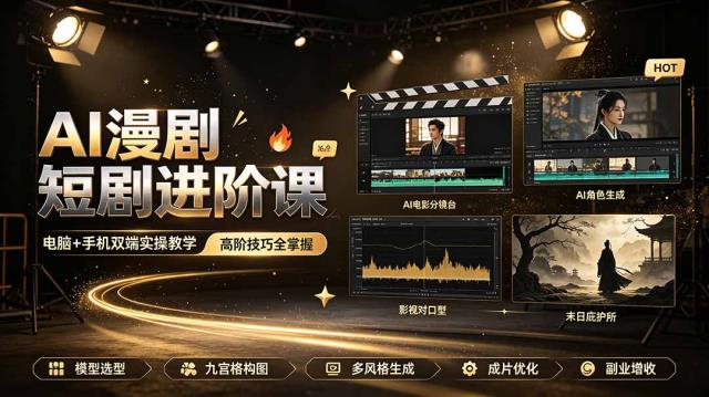 AI漫剧短剧进阶课｜电脑手机双端实操教学｜影视剧对口型人物吃瓜×解压末日庇护所全程讲解，高阶技巧全掌握