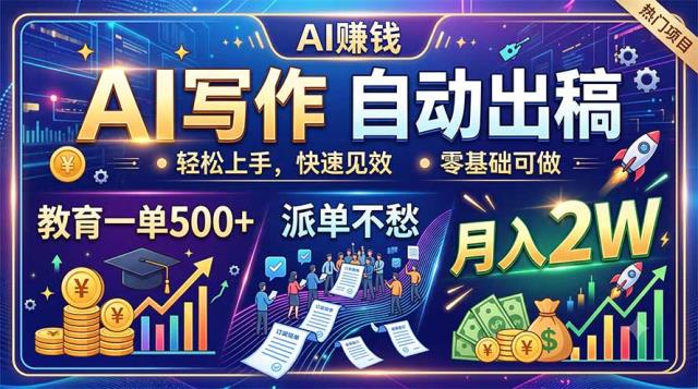 AI写作自动出稿，教育一单500，派单不愁，月入2W