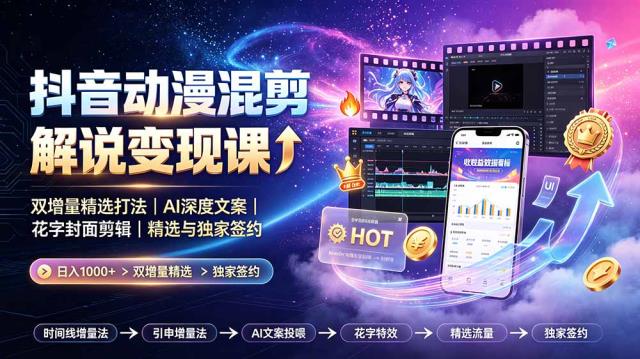 抖音动漫混剪解说变现课：双增量精选打法｜AI深度文案｜花字封面剪辑｜精选与独家签约日入1000